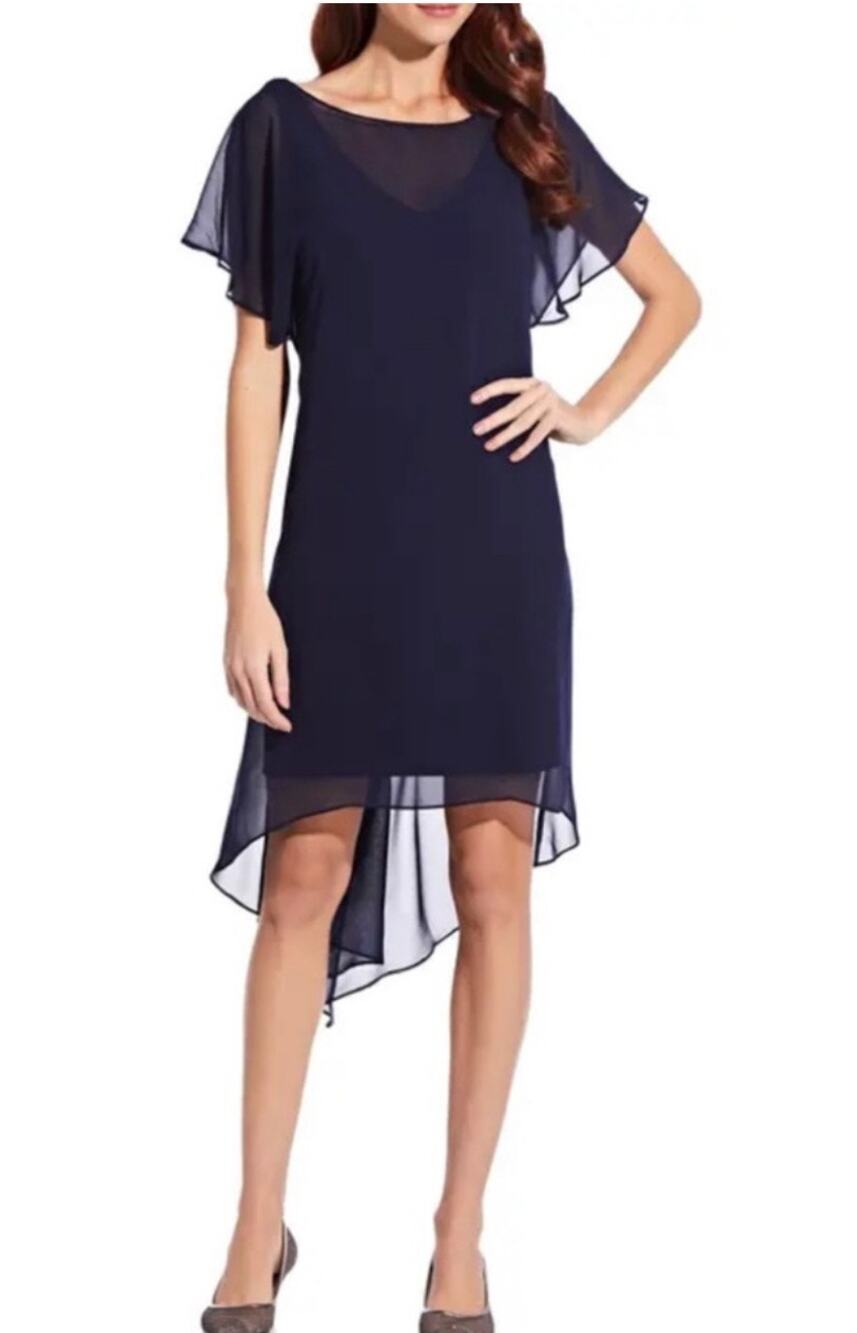Adrianna Papell Dress SZ Small NWT Navy Chiffon Overlay Draped Evening Cocktail